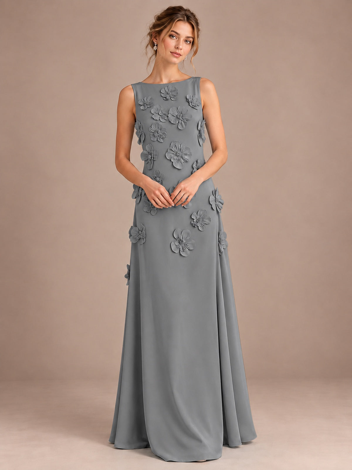 3D Floral Applique Sleeveless Formal Maxi Dress