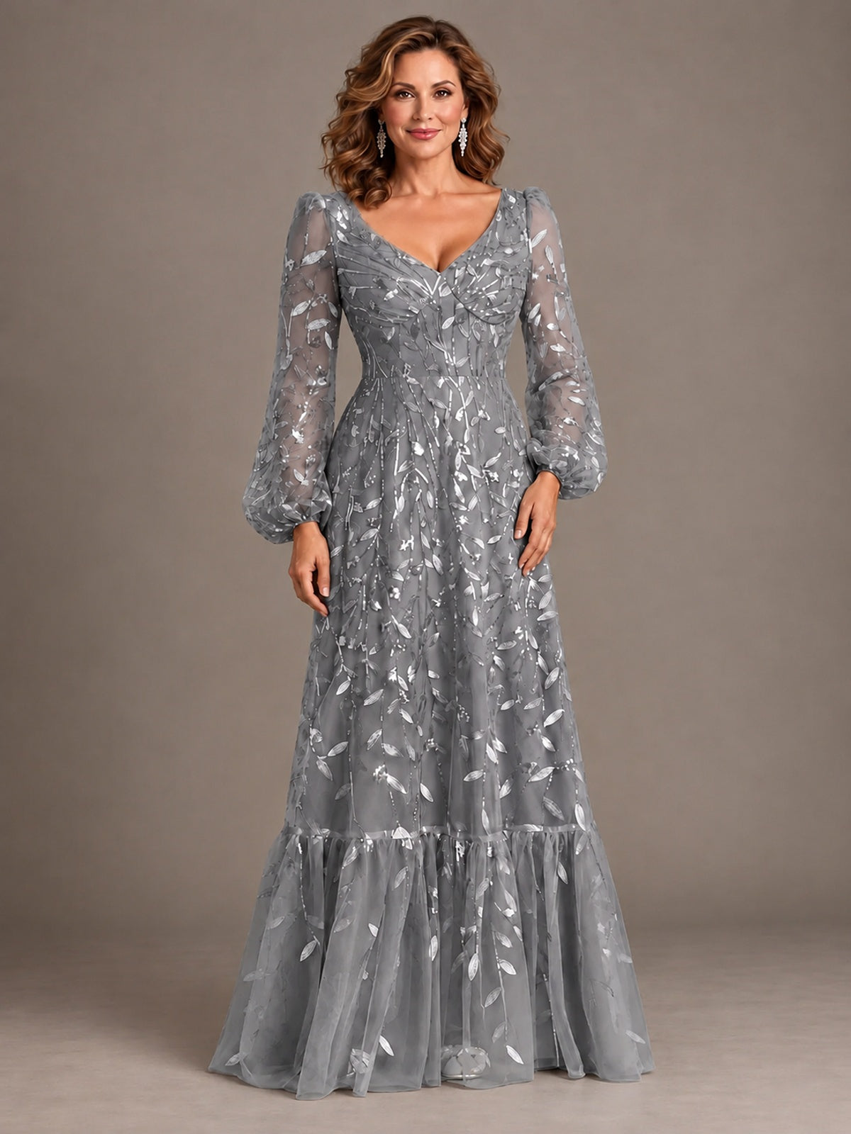 Floral Sequin Embroidered A-Line Mother of the Bride Dress with Long Sleeves