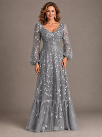 Floral Sequin Embroidered A-Line Mother of the Bride Dress with Long Sleeves