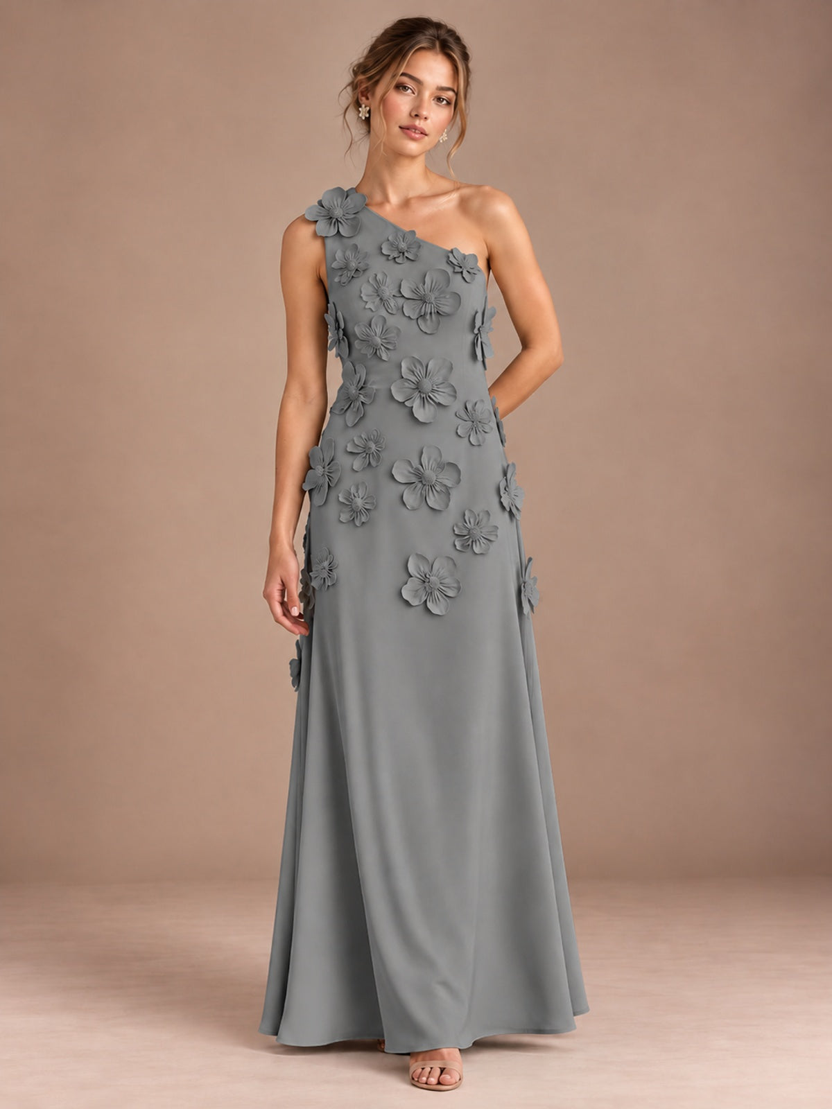 Grey- One Shoulder Satin Formal Maxi Dress with 3D Floral