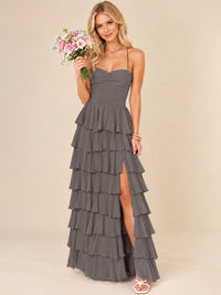 Ruffled Tiered Chiffon Prom Dress Spaghetti Straps Formal Maxi Dress with Slit