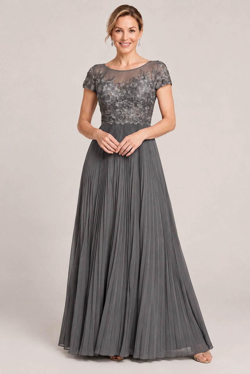 Embroidered Lace Pleated Mother of the Bride Dress