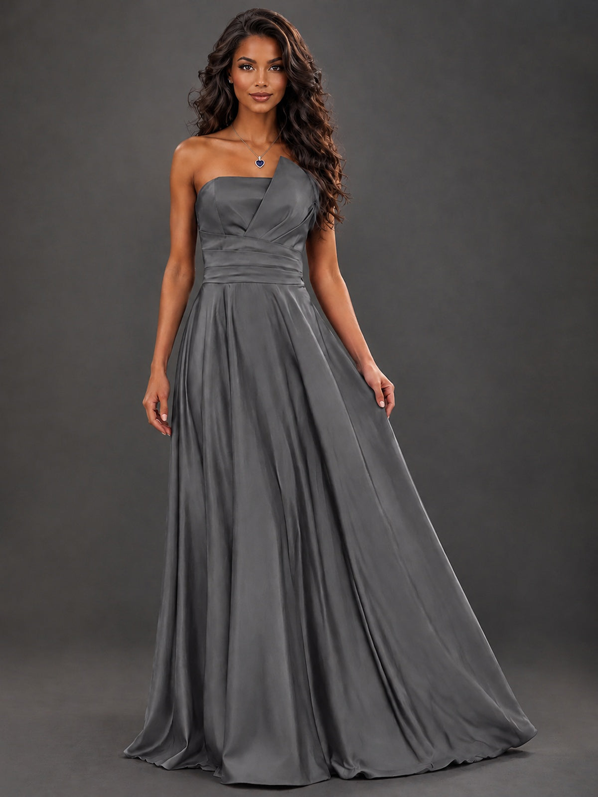 Draped Satin Prom Dress Strapless A-line Formal Dress Floor Length