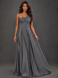 Draped Satin Prom Dress Strapless A-line Formal Dress Floor Length
