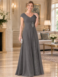 Pleated Chiffon Lace Mother of The Bride Dresses with Beading Cap Sleeves