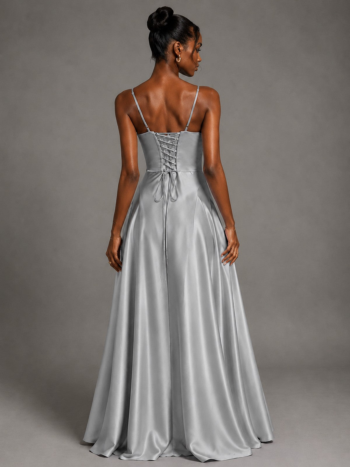 Lavender V Neck Satin Prom Dress with Spaghetti Straps