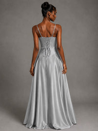 Lavender V Neck Satin Prom Dress with Spaghetti Straps
