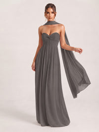 Grey Strapless Ruched Chiffon Long Prom Dress with Scarf A-line Sweetheart Ruffled Formal Wedding Guest Dress Evening Gown