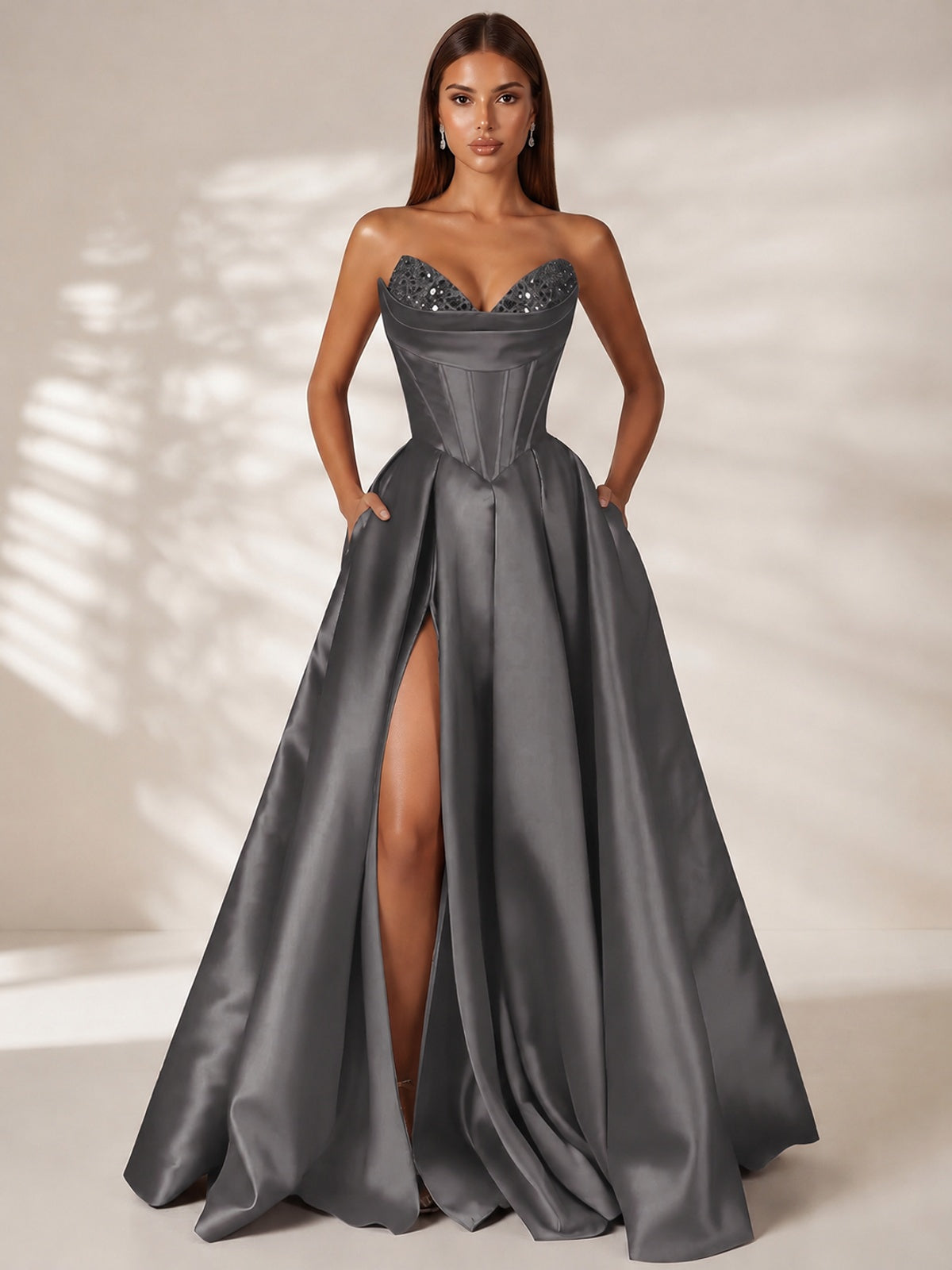 Grey Strapless Corset Satin Prom Dress Long Evening Gown with High Slit