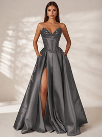Grey Strapless Corset Satin Prom Dress Long Evening Gown with High Slit