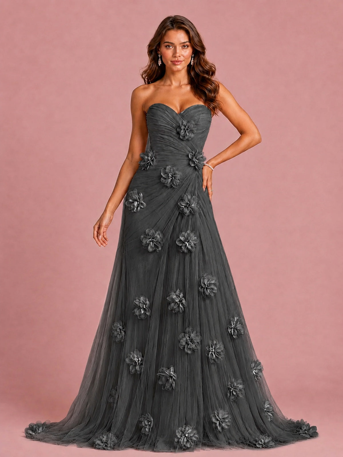 3D Floral Applique Strapless Tulle Prom Dress with High Slit