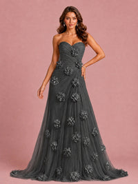 3D Floral Applique Strapless Tulle Prom Dress with High Slit