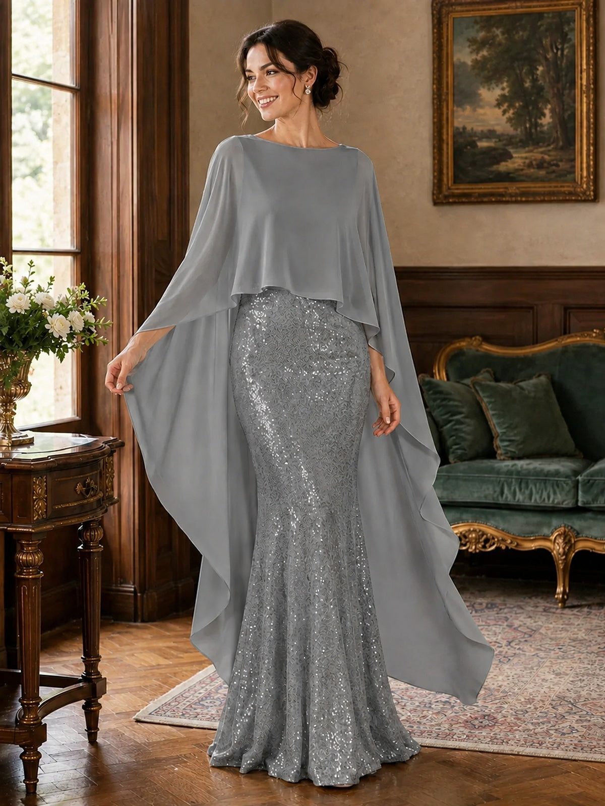 Sequin 2 Pieces Mother of the Bride Dress with Cap Sleeves Chiffon Formal Gowns
