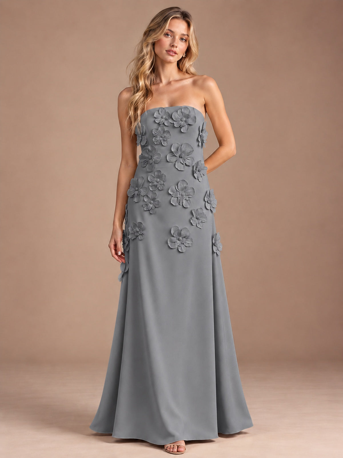 Grey-Strapless 3D Floral A-line Satin Prom Maxi Dress Formal Evening Gown