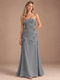 Grey-Strapless 3D Floral A-line Satin Prom Maxi Dress Formal Evening Gown