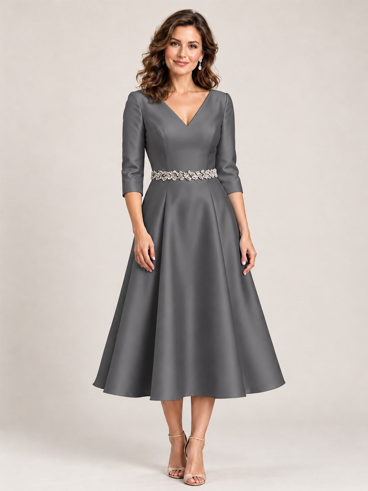 Grey V-Neck Tea-Length Mother of the Bride Dress with Embellished Waist