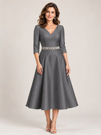 Grey V-Neck Tea-Length Mother of the Bride Dress with Embellished Waist