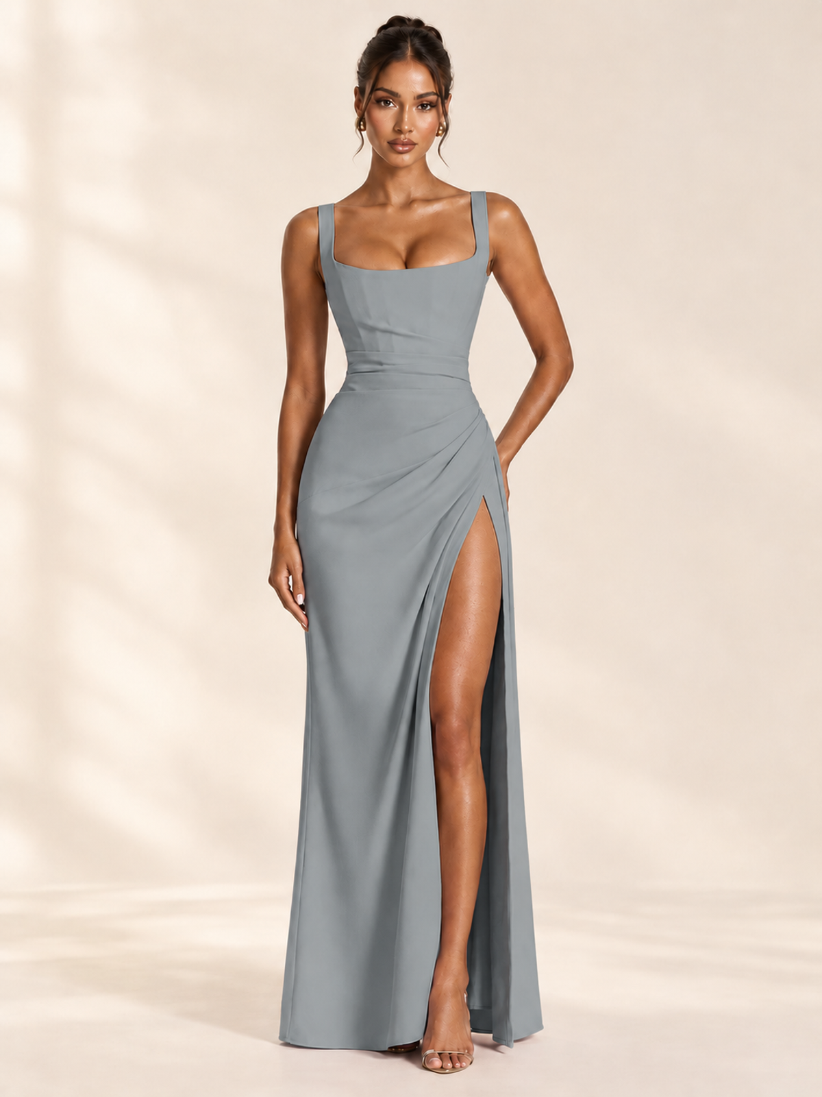 Square Neck Satin Sleeveless Ruched Prom Dress with High Slit