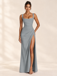 Square Neck Satin Sleeveless Ruched Prom Dress with High Slit