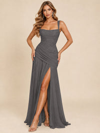 Wrap Pleated Prom Dress Scoop Neck with Slit Women Wedding Formal Dress