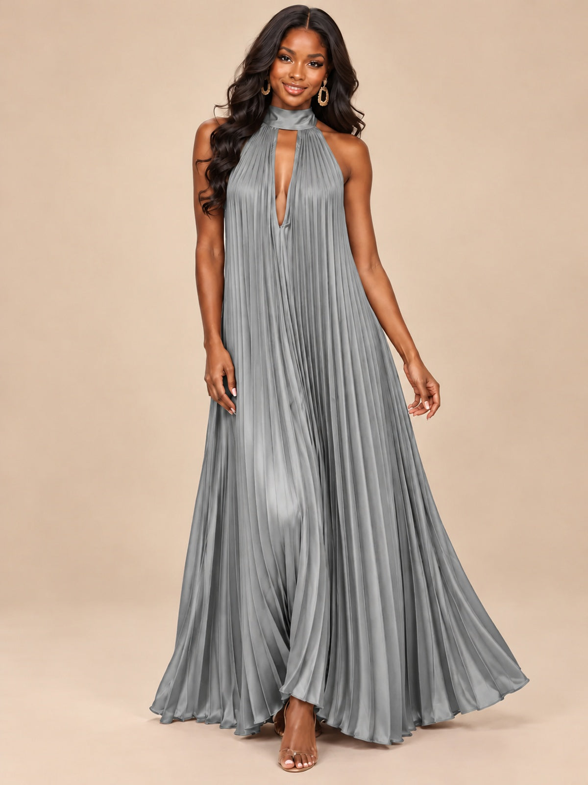 Rust Orange Pleated Halter Neck Maxi Dress