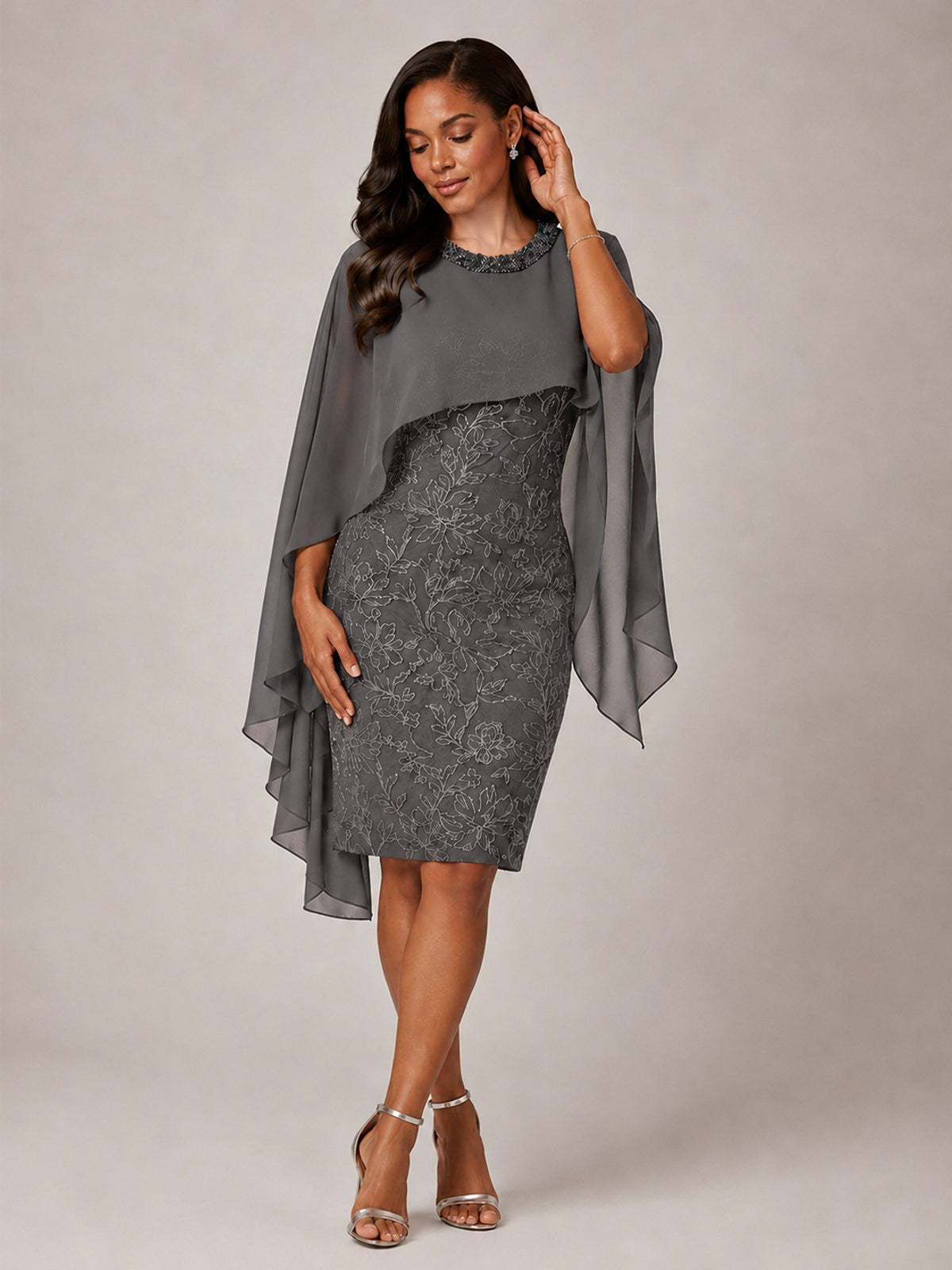 Floral Sheath Mother of the Bride Dress with Cape Overlay