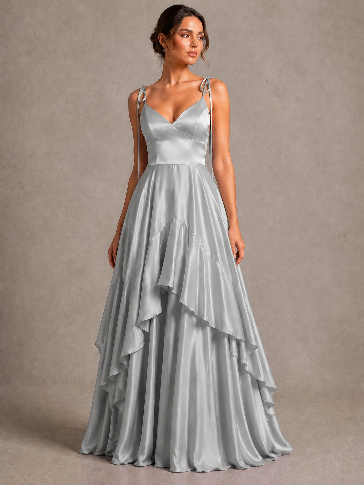 Lavender Satin V-Neck Ruffle Maxi Dress