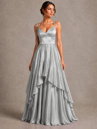 Lavender Satin V-Neck Ruffle Maxi Dress