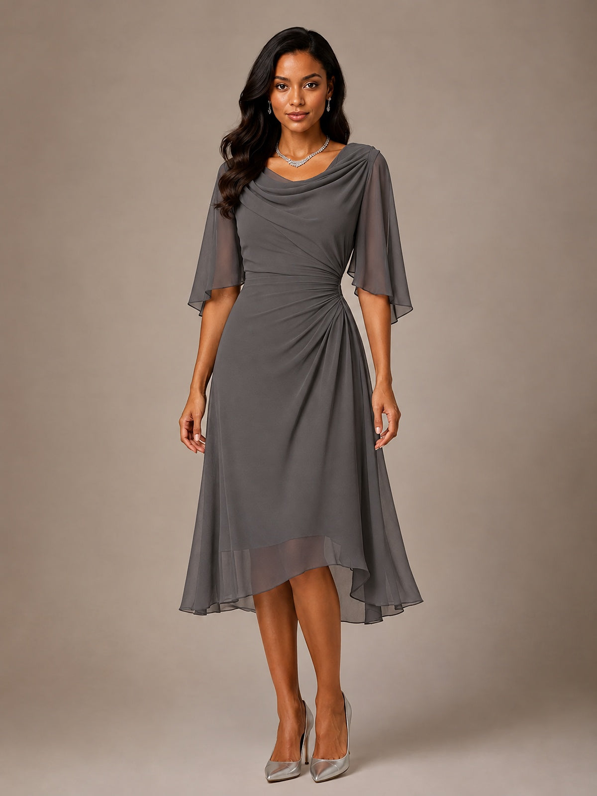 Cowl Neck Ruched Chiffon Mother of the Bride Dresses with Flutter Sleeves