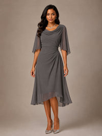 Cowl Neck Ruched Chiffon Mother of the Bride Dresses with Flutter Sleeves