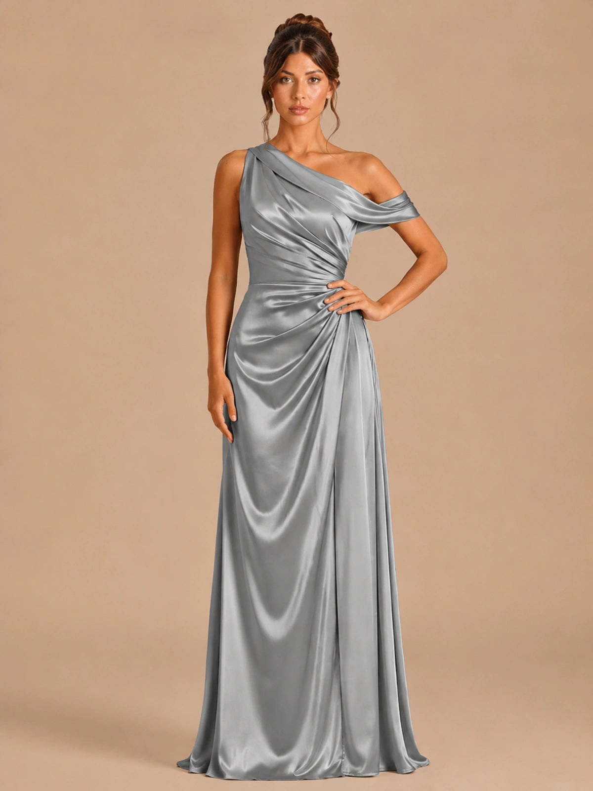 Grey-satin one shoulder prom dress ruched long formal gow Jovelle