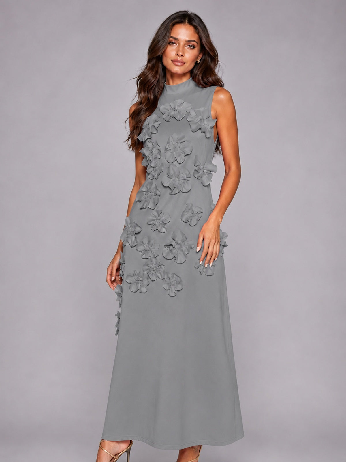 3D Floral Applique High Neck Prom Maxi Dress