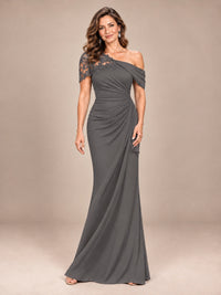 Grey-Lace One Shoulder Chiffon Ruched Mother of The Bride Dresses