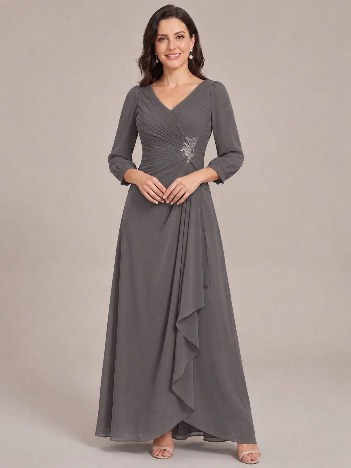 Grey-Long Sleeve Chiffon Beaded Mother of The Bride Dresses for Women