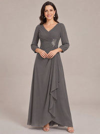 Grey-Long Sleeve Chiffon Beaded Mother of The Bride Dresses for Women