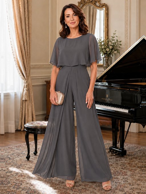Chiffon Mother of the Bride Jumpsuit with Layered Cape Sleeves