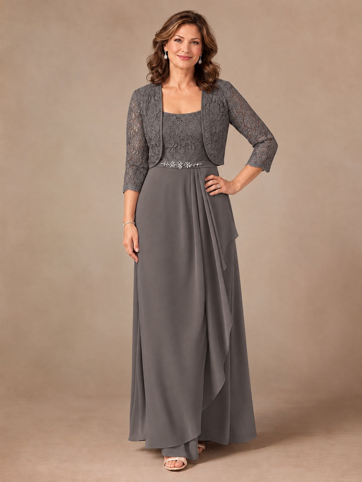 Blush Pink A-Line Mother of the Bride Dress with Lace Jacket and Ruffles