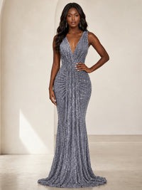 Sequin Mermaid Prom Dress with V-Neck and Ruched Waist