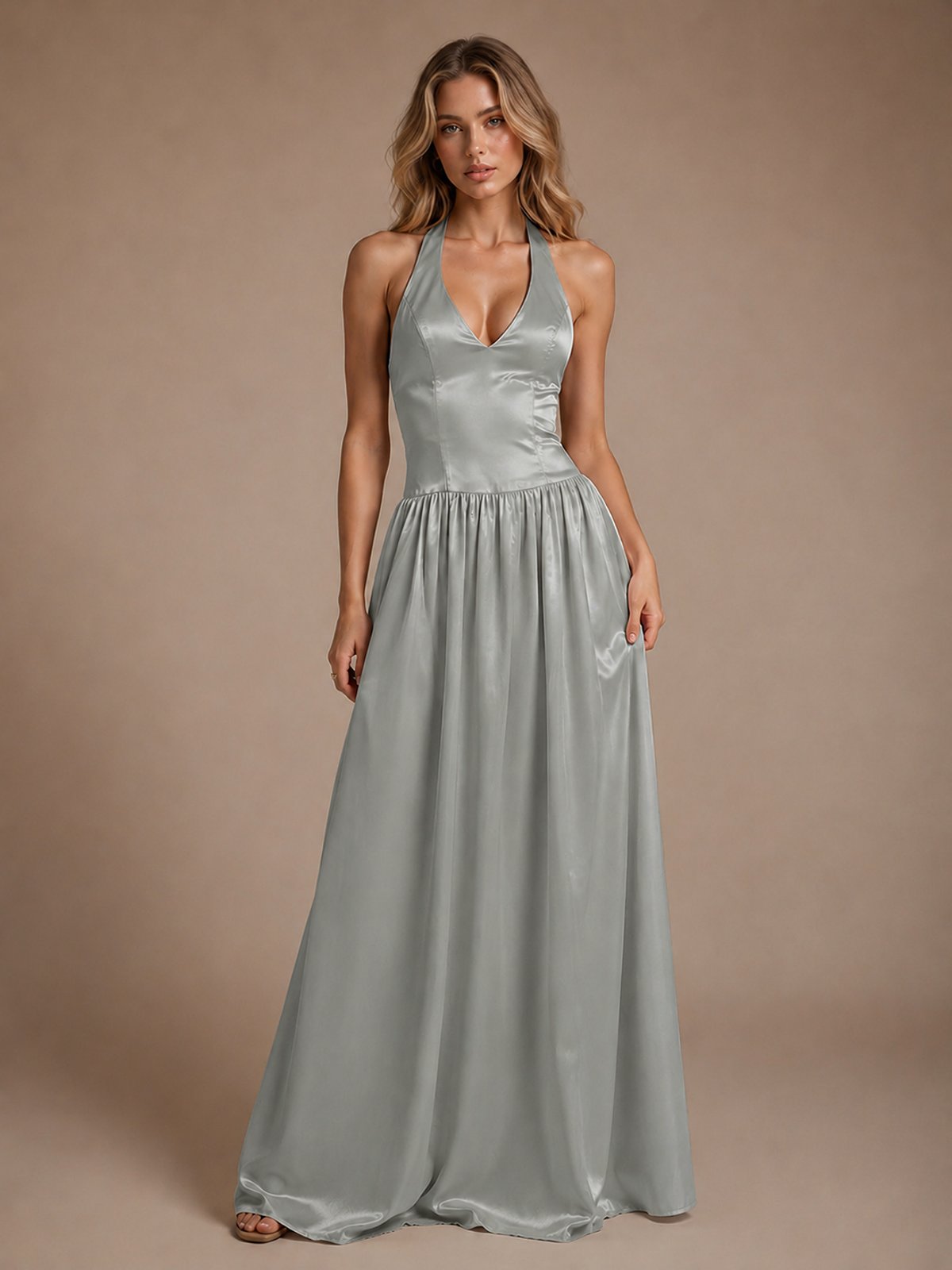 Pink V Neck Halter Satin Maxi Dress