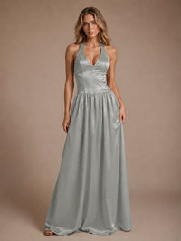 Pink V Neck Halter Satin Maxi Dress