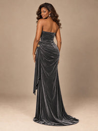 Burgundy Velvet Strapless Ruched Prom Dress with Jeweled Side Drape