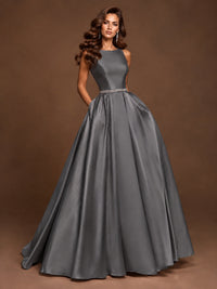 Satin A-Line Prom Dress Sleeveless Beaded Waist Formal Gown with Pockets