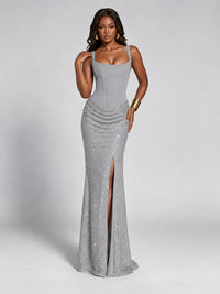 Sequin Corset Mermaid Prom Dress with Square Neck Wide Strap High Slit