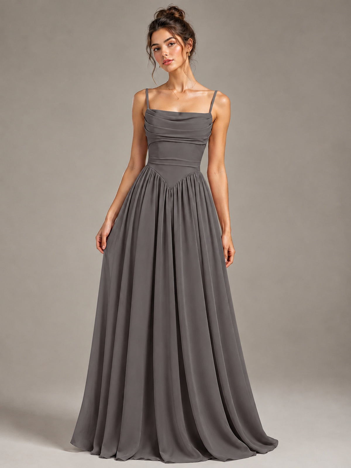 Spaghetti Strap Ruched Chiffon Maxi Dress with Backless