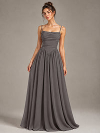 Spaghetti Strap Ruched Chiffon Maxi Dress with Backless