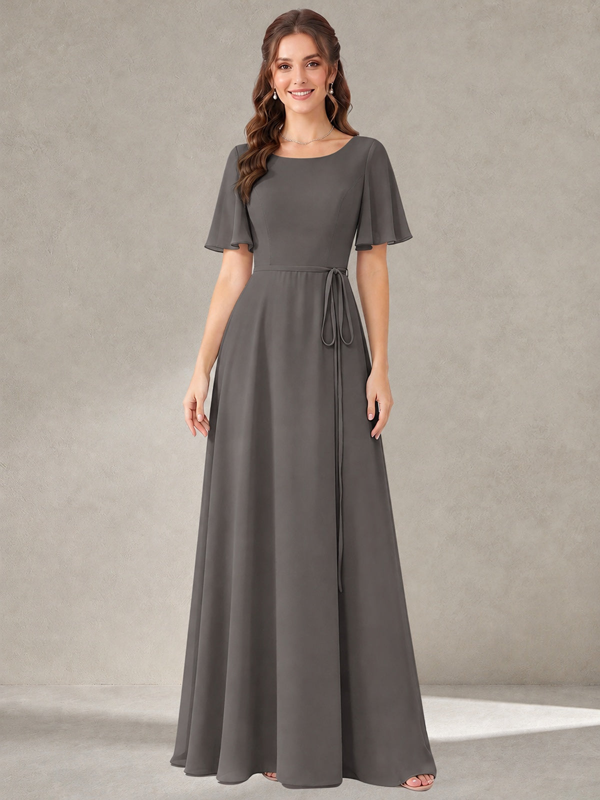 Grey Scoop Neck A-line Chiffon Bridesmaid Dress with Belt Flutter Sleeve Formal Wedding Guest Dress Evening Gown