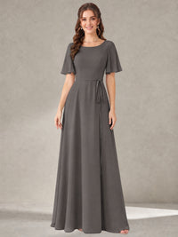 Grey Scoop Neck A-line Chiffon Bridesmaid Dress with Belt Flutter Sleeve Formal Wedding Guest Dress Evening Gown