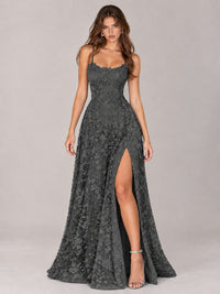 Floral Lace A-Line Prom Dress with Spaghetti Straps & High Slit