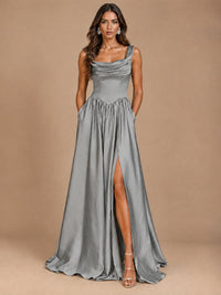 Cowl Neck Pleated Satin Prom Dress with Pockets & Slit Maxi Formal Gowns