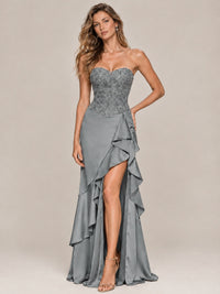 Strapless Lace Appliques Corset Satin Prom Dress Ruffle Slit Evening Gown